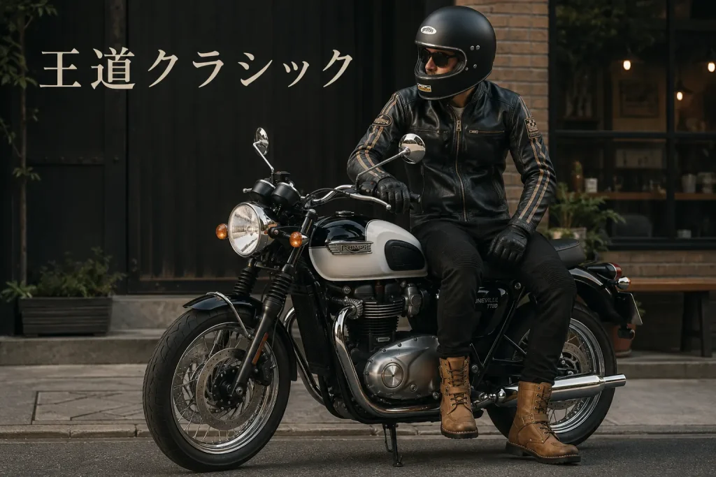 トライアンフボンネビルに似合う服装コーデ　王道クラシックスタイル