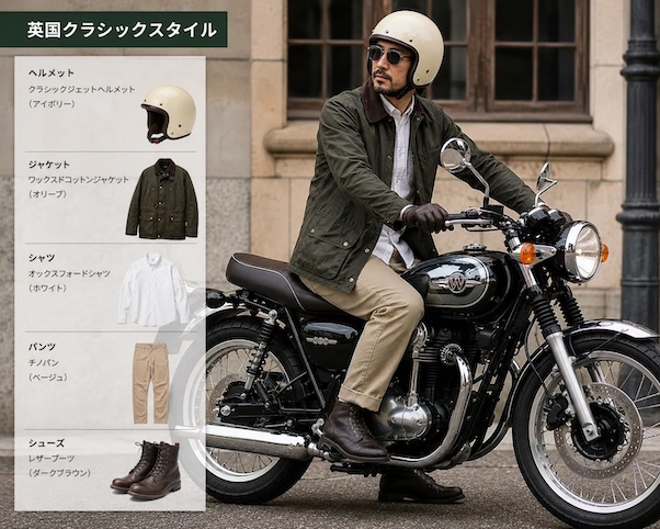 W800ファッションコーデ　英国スタイル