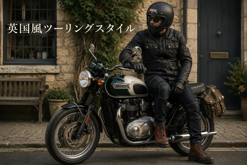 トライアンフボンネビルに似合う服装　英国風コーデ